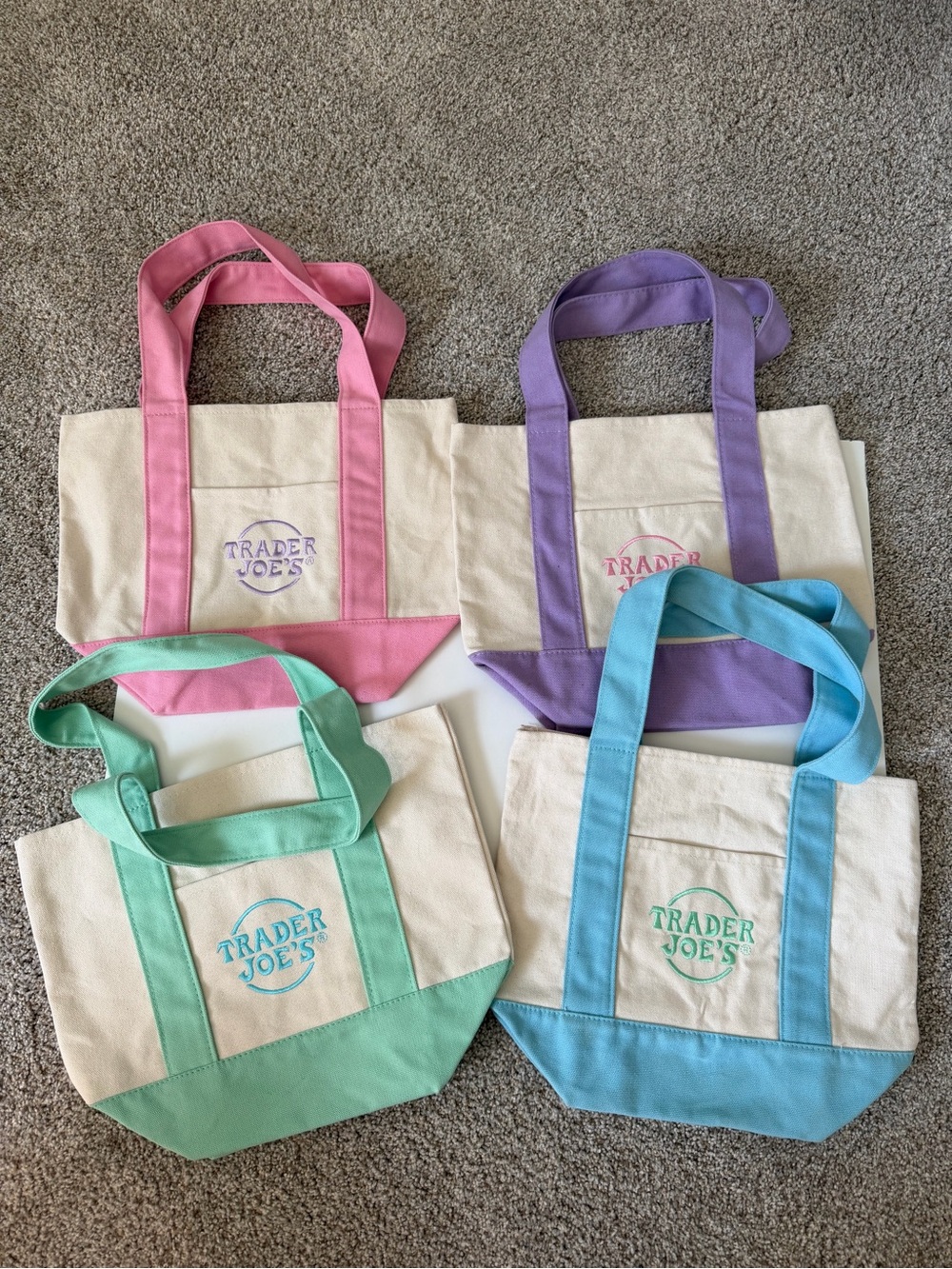 Trader Joe’s Mini Pastel Canvas Tote Set of 4 Pink Blue Mint Lavender